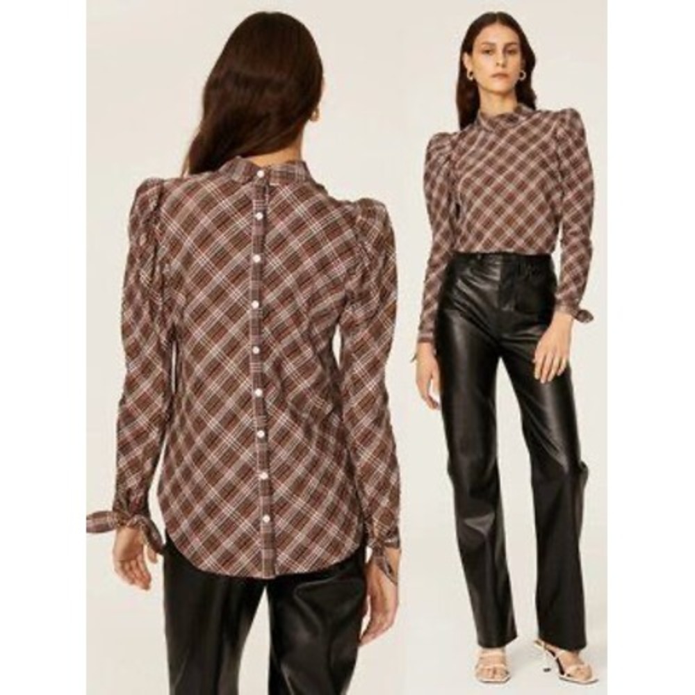 Veronica Beard Isabel Plaid Puff Sleeve Button Back Top Nutmeg Brown Size 6